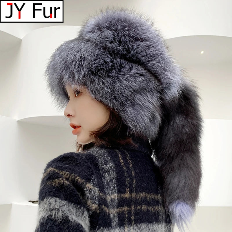Natural Fox Fur Russian Hat Ushanka Women Winter Warm Fluffy Popular Style Female Tail Cap Fashion Real Fur Hats