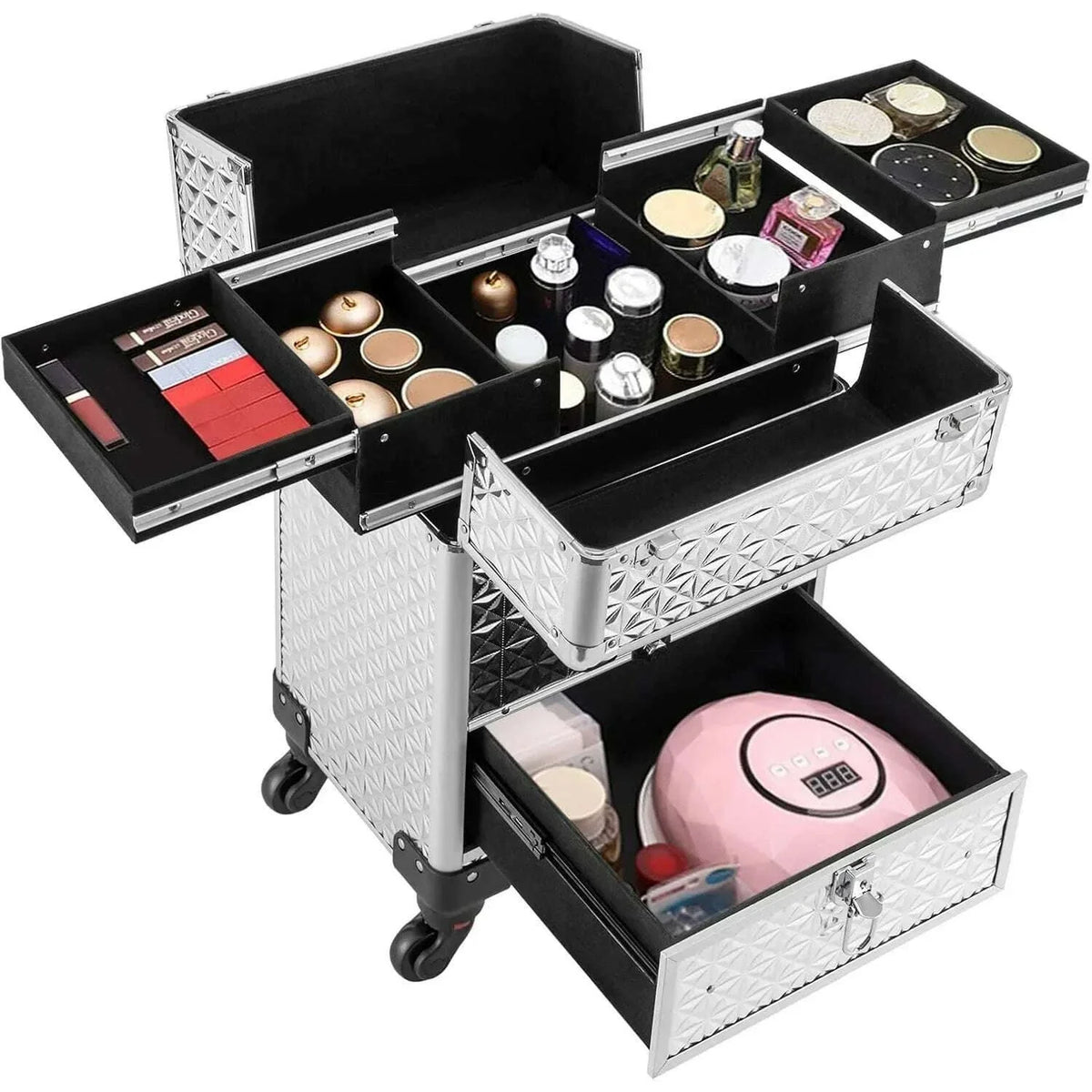 Rolling Makeup Train Case, Makeup Trolley with Drawer, Nail Case Wheeled Manicure Storage Case for Hair Stylists,Pet Groomers