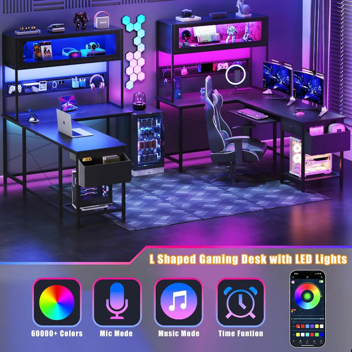 L Shaped Gaming Desk with Power Outlets & LED Lights, 49'' Reversible Computer Desk with Hutch & Pegboard & Display...