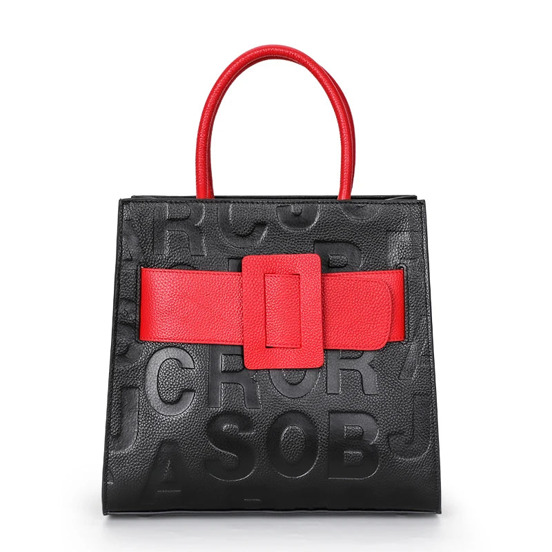 Aidrani Fashionable women's large capacity handbag with letter print design, made of cowhide material, square, black