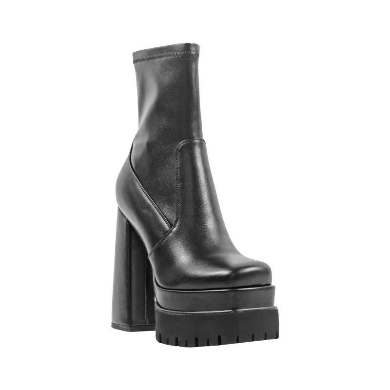 Onlymaker Women Quare Toe Double Platform Block Heel Ankle Boots Zipper Chunky Heel Black Matte Fashion Lady Ankle Boots