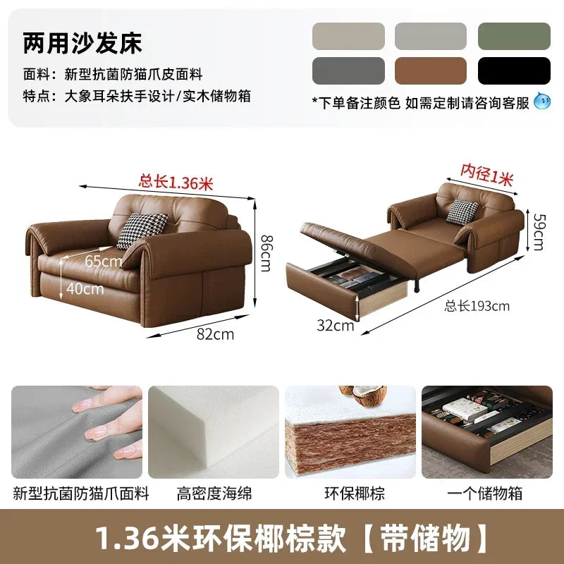 European Living Room Sofa Bed Brown Faux Leather Italian Modern Sleeper Double Couch Chaise Lounge Small Divano Letto...