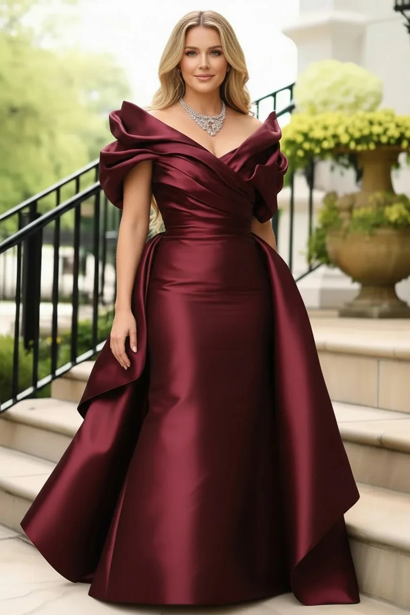 Off Shoulder Puff Sleeve Plus Size Satin Evening Dress for Women's Solid Elegant Cocktail Wedding Guest Maxi Dresses