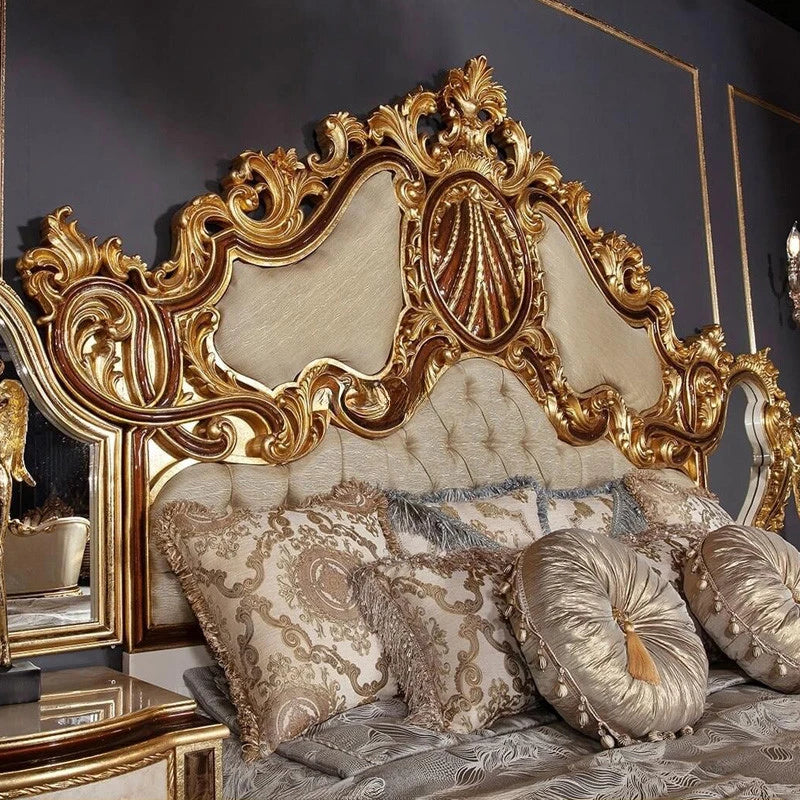 Elegant Hand Carving Design Vintage Gold Wooden King Queen Bed Classical Fabric Upholstered Luxury Bedroom Furniture - Kimlud