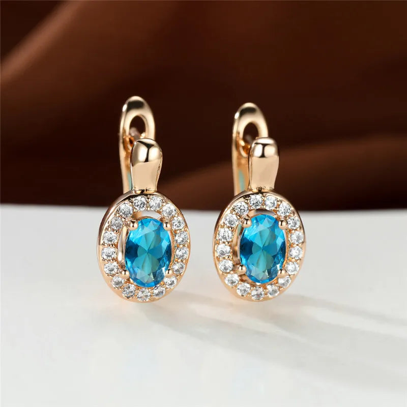Cute Female Rose Gold Color Crystal Blue Stone Earrings Dainty Oval Zircon Wedding Jewelry For Women | Kimlud Mid Range...