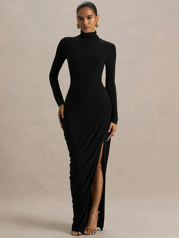 Mozision Turtleneck Long Sleeve Sexy Maxi Dress Women Elegant Autumn Winter High Waist Ruched Thigh High Split Club Long Dress