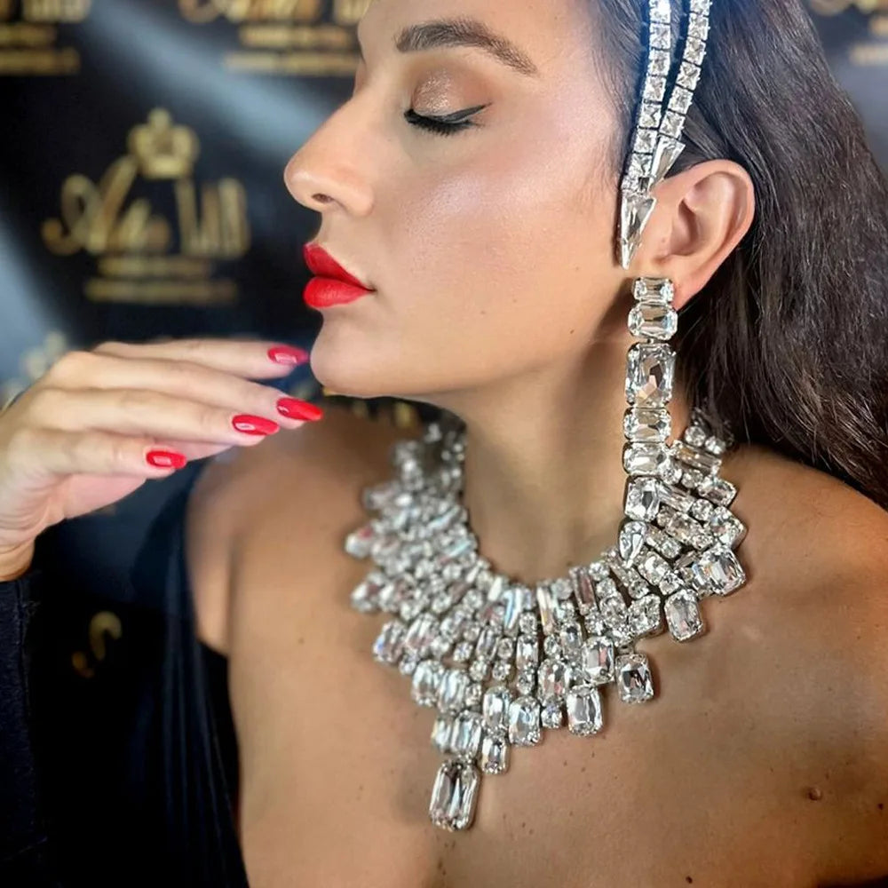 Stonefans Large Geometric Necklace Chain Adjustable Drag Queen Jewelry Bling Inlaid Statement Rhinestone Collar Choker Athestic