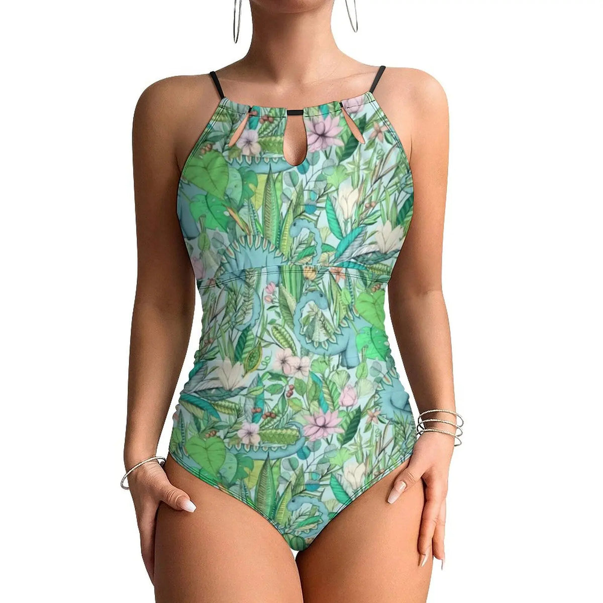 Botanical With Dinosaurs Swimsuit Dinosaur Quirky Soft Pastels Floral Swimwear Holiday Swimsuits Halter Bathing Suit |...