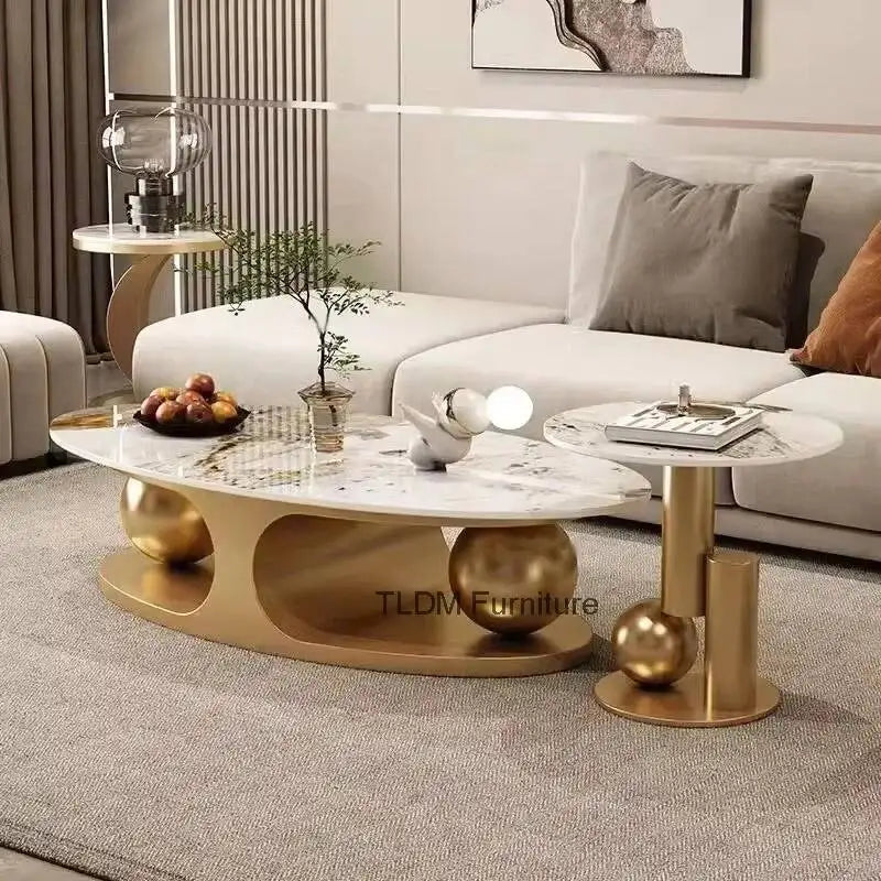 Iron Rock Plate Coffee Tables Nordic Living Room Furniture Home Italian Art Corner Table Light Bright Luxury Oval Side Table Set - Kimlud