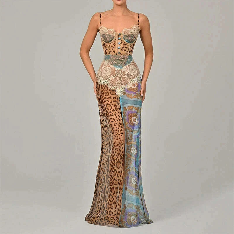 Summer Beach Leopard Print Dress Sexy Lace Split Patchwork Chiffon Dresses Women Elegant Sleeveless Backless Beach Evening Gowns