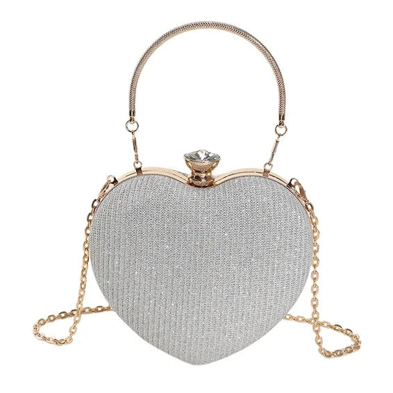Evening Clutch Bag Women Bag Shiny Handbag Heart Shape Metal Clutches Bag Fashion Chain Shoulder Crossbody Bag Luxury Lady Purse