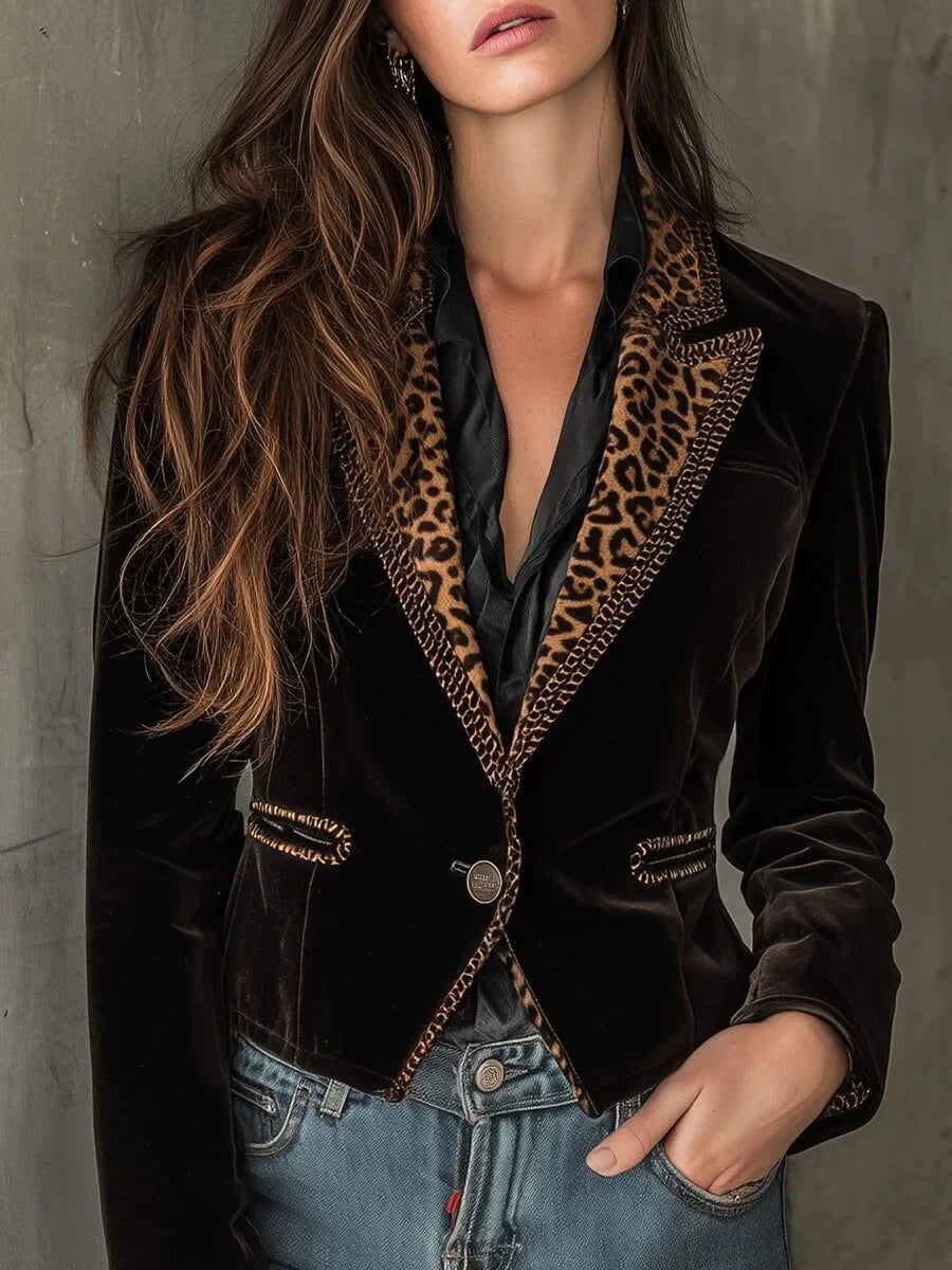 Leopard Jacket for Women Short Coat Notched Collar Velvet Slim Single Button Vintage Elegant Office Lady Autumn Fashion 2025