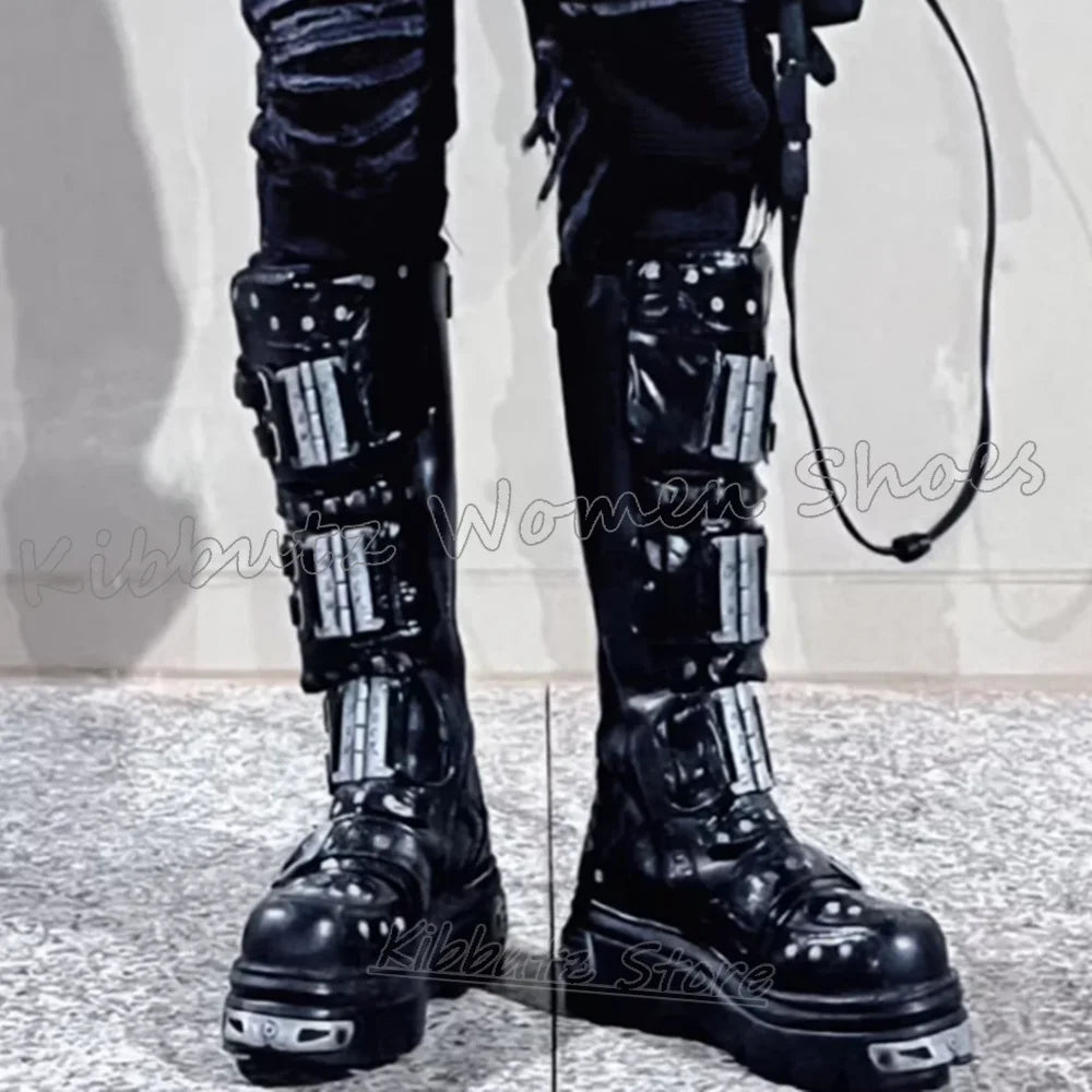 Knee High Boot Metal Decor Punk Rock Gothic Dark Style Round Toe Flat with Leather Solid Color Fashion Luxury Concise Shoes New