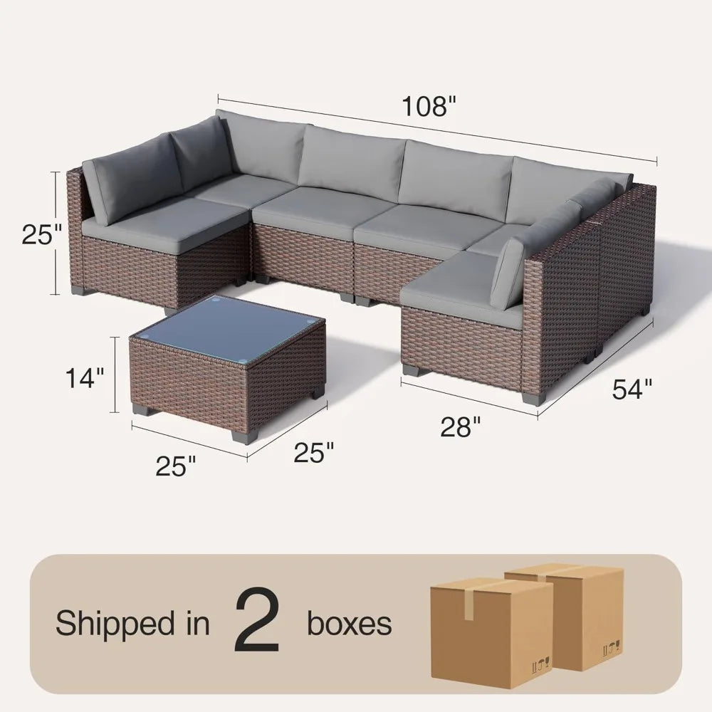 7 Pieces Outdoor Patio Furniture Set, PE Rattan Outdoor Wicker Sectional Furniture Sofa Set, with Cushions | Kimlud...