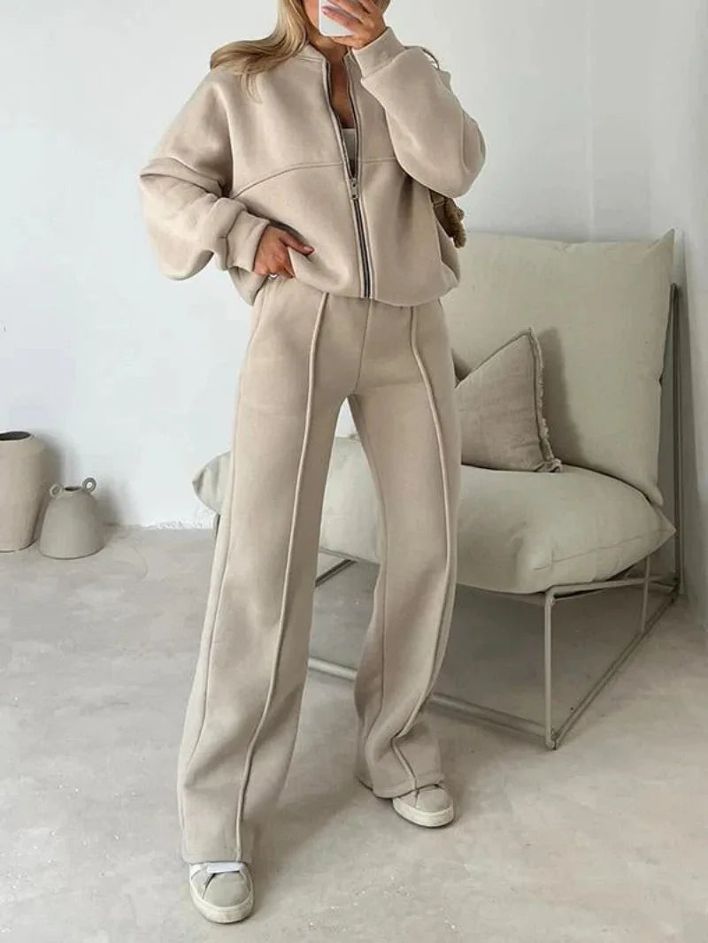 Tracksuit Women Two Pieces Pant Sets Sweatshirts Zipper Long Sleeve Straight Pants Drawstring Pocket Sports Autumn Winter