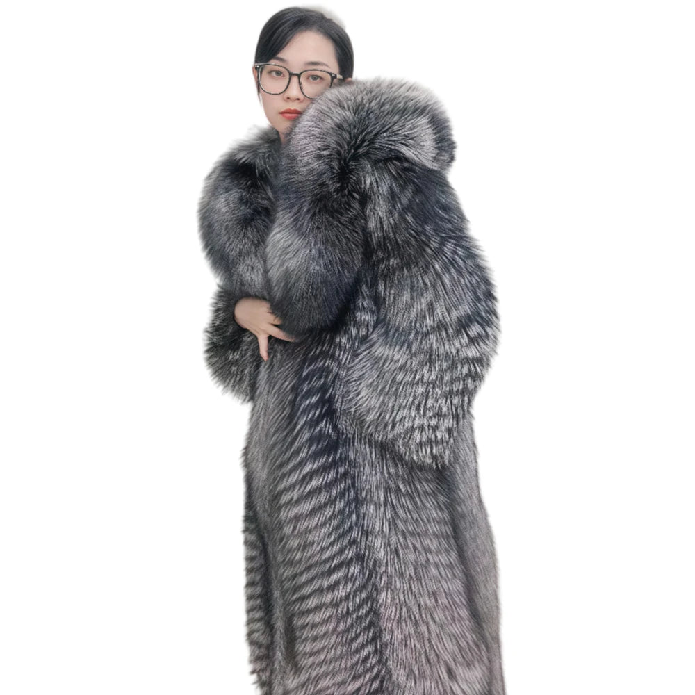 Women Winter Coat Real Fox Fur Coat X-long Luxury Clothes Hooded Natural Fluffy Fur Jacket Ladies Fashion Streetwear Hot