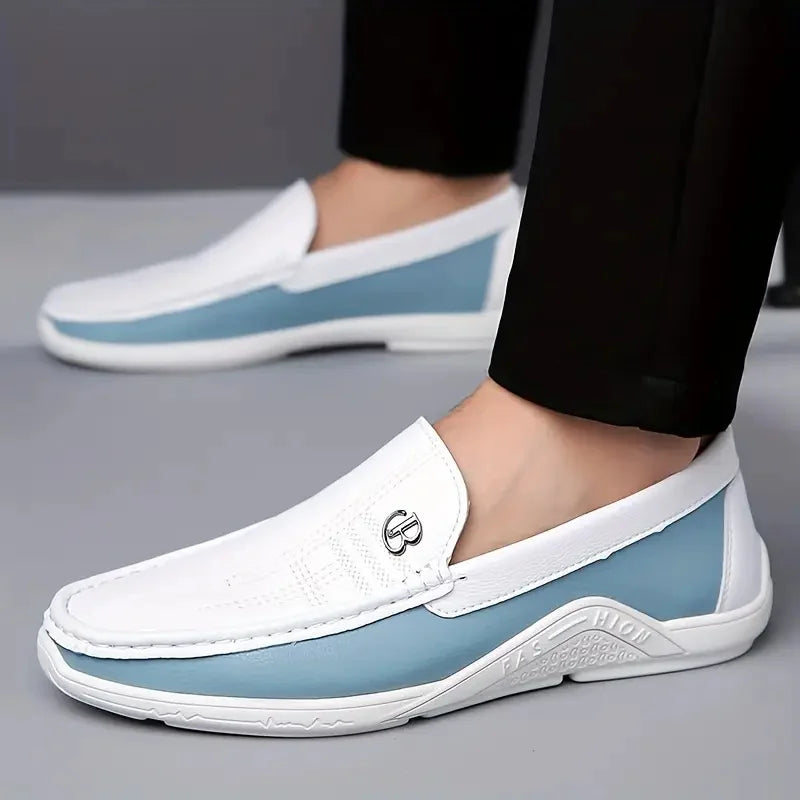 Men's Business Casual Slip-On Loafers White Blue Color Block Comfortable Driving Lightweight Daily Commute Friendly Shoes