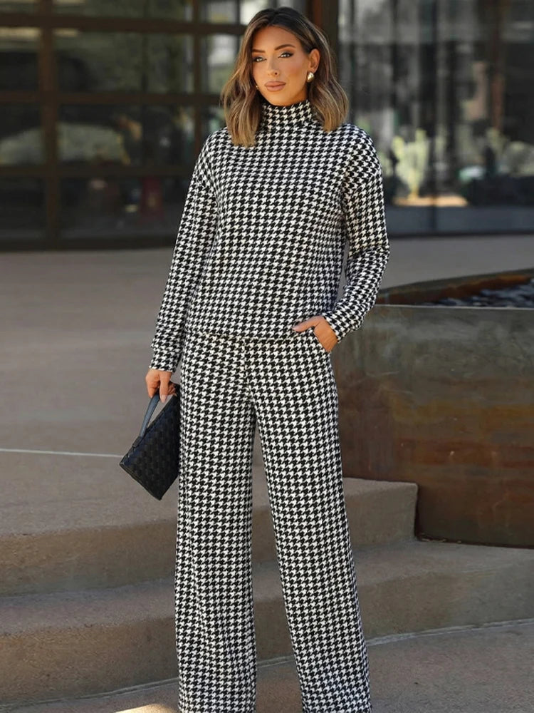 Houndstooth Half High Neck Top Pant Suit Women Color Blocking Full Sleeve Oversized Tops Leg Loose Pants Sets Lady Spring Set - Kimlud