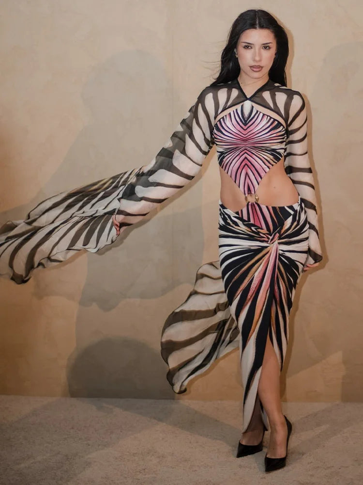 Butterfly Wing Print Jumpsuit Bodycon Skirt Sets Women Sexy Hollow Out Backless Irregular Long Sleeve Slim Jumpsuits...