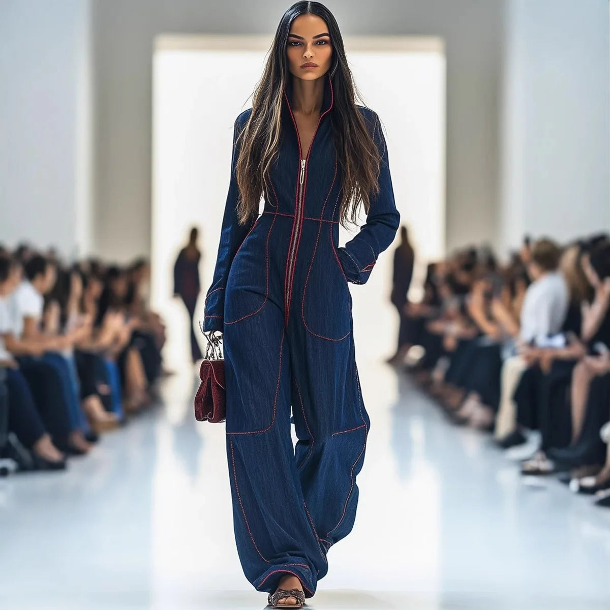 Slim Fit Stand Collar Long Sleeve Casual Cargo Jumpsuit 2025 New Style Europ-American High-Grade Waist-Cinched Wide-Leg...