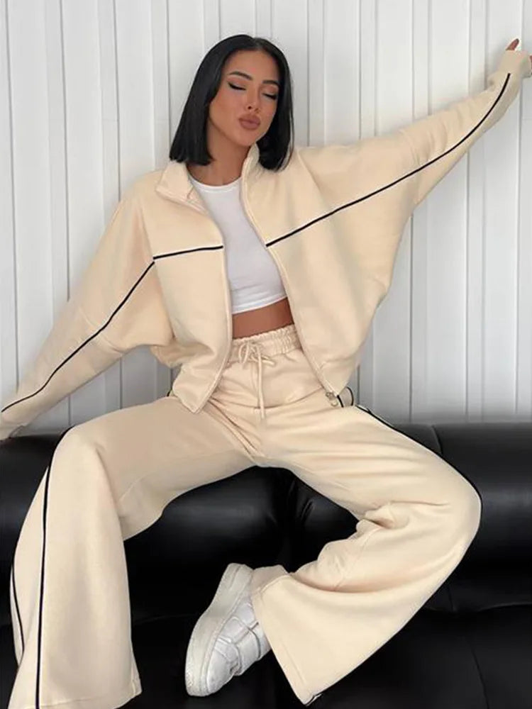 Zekye Women's Clothing Long-sleeved Semi-turtleneck Cardigan Sweater Strappy Striped Trousers Women's Suit Collection 2025 - Kimlud