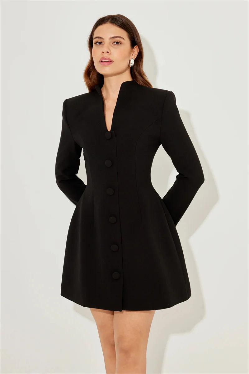 Mozision Half High Collar Long Sleeve Sexy Mini Dress Women Autumn Winter New Single-breasted High Waist Blazer Dresses Female