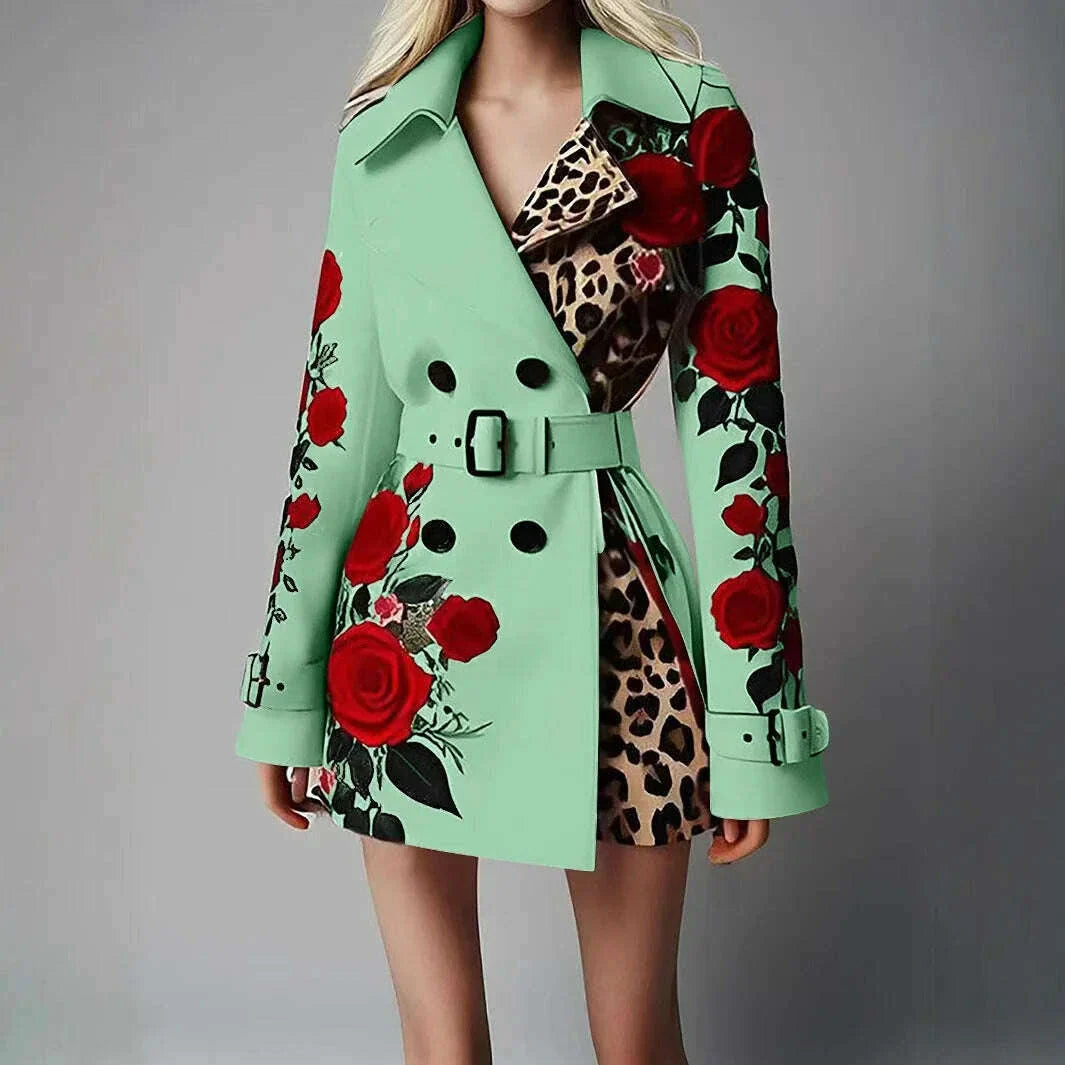 New Women's Spring Rose Leopard Print Suits Spring Office Elegant Slim Long Sleeve Coats Clothing With Belt For Women 2025 White