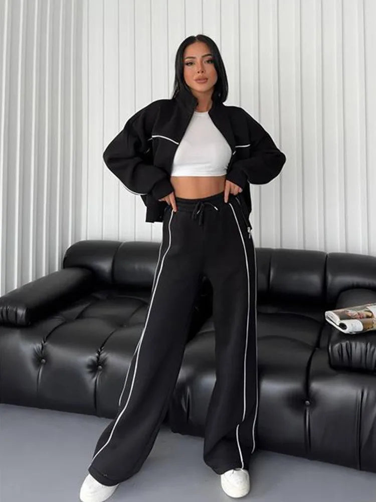 New 2 Piece Sets Women Outfit Casual Pant Set Sportswear Long Sleeve Cardigan Lace Up Clothing Two Piece Suits Zipper Sweatshirt - Kimlud
