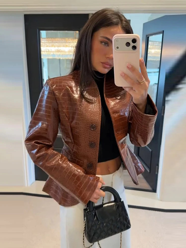 Street Print Pu Leather Women Jacket Fashion Long Sleeve O-neck Single Breasted Female Outwear 2026 Autumn Lady...