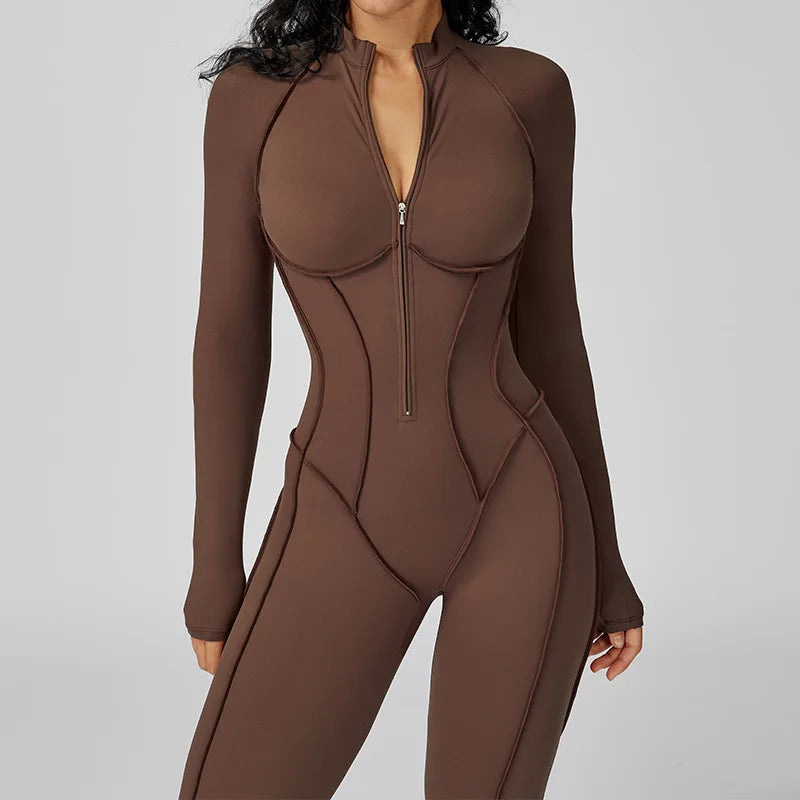 Yoga Bodysuit Long Sleeved Women's Tracksuits Gym Zipper Jumpsuits Sports Workout High-intensity Fitness One-piece Tights Suit - Kimlud