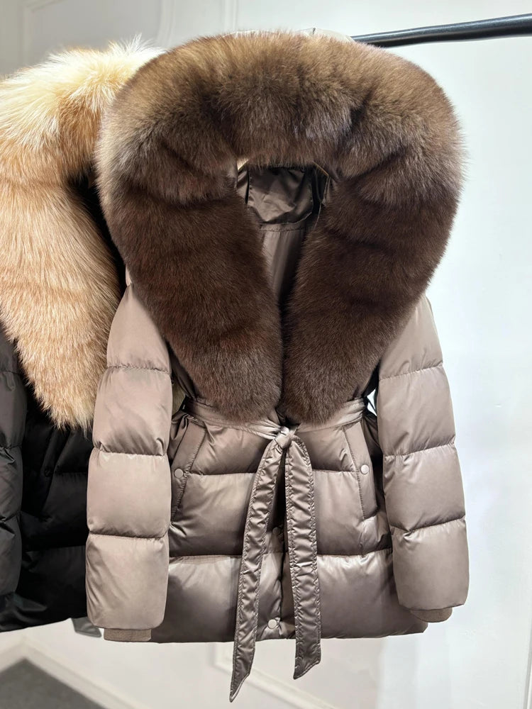 2025 New Natural Thick Warm 90% White Goose Down Coat Long Winter Jacket Women Real Big Fox Fur Collar Belt Loose Puffer Parka