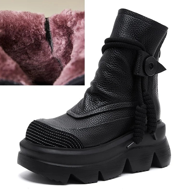 DRKANOL Fashion Thick Bottom Retro boots Women Autumn Winter Thick Plush Warm Platform Wedges Heel Back Zipper Ankle Boots Lady