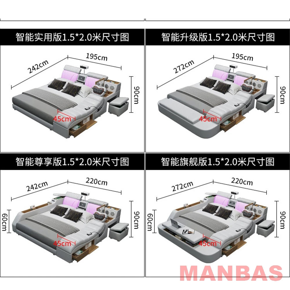 Modern Tech Smart Bed, King/Queen Size Genuine Leather Bed with Projector,USB, Speaker, Luxury Multifunction Bed, All In...