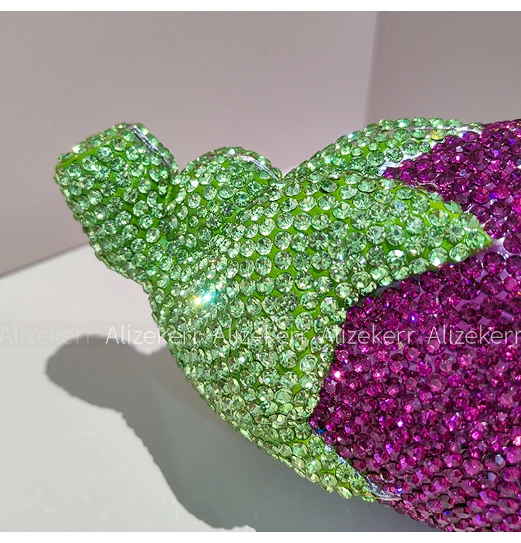 Alizekerr Eggplant Shaped Diamond Evening Bags Women Gorgeous Metallic Rhinestone Purses Ladies Unique Handbags Wedding Party - Kimlud