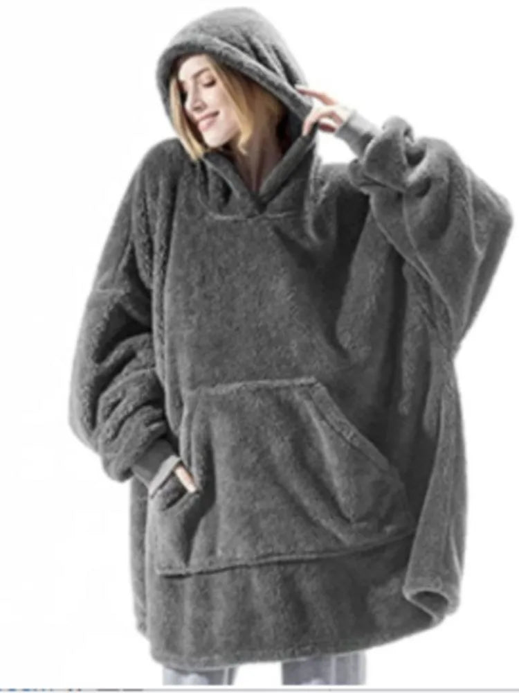 Long Sleeves With Pockets Hoodie Pajamas Women Autumn Winter Fashion Solid Color Loose Double-sided Velvet Home Clothes...