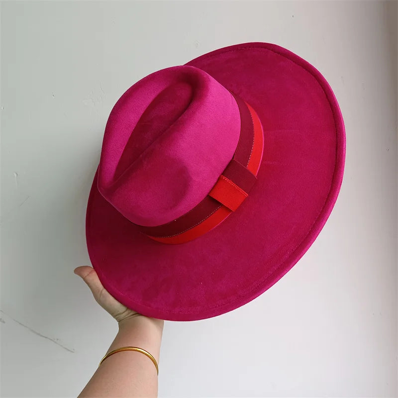 Colorblock Ribbon Colorful Suede Hat Autumn and Winter Women's Felt Hat Wide Brim Hat British Style Retro Men's Gorras Hombre - Kimlud