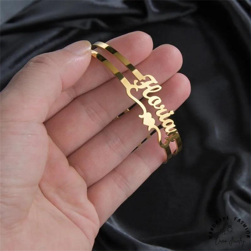 18k Custom Engraved Bracelet Numeral Name Message Bangle Titanium Steel Gold Silver Adjustable Women's Cuff Mother's Day Gift