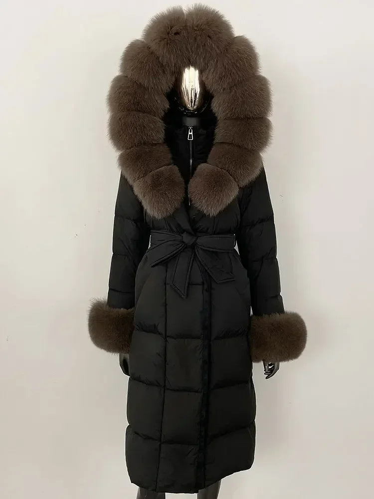 CXFS New Real Raccoon Fox Fur Collar Hooded Natural Long Winter Jacket Women 90 White Duck Down Coat Thick Warm Casual Outerwear