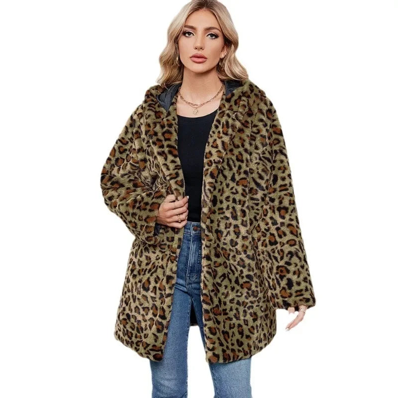 ZXRYXGS 2025 New Fashion Autumn Winter Coats Loose Medium Length Jackets Leopard Print Imitation Fur Coat Women's Clothing Tide