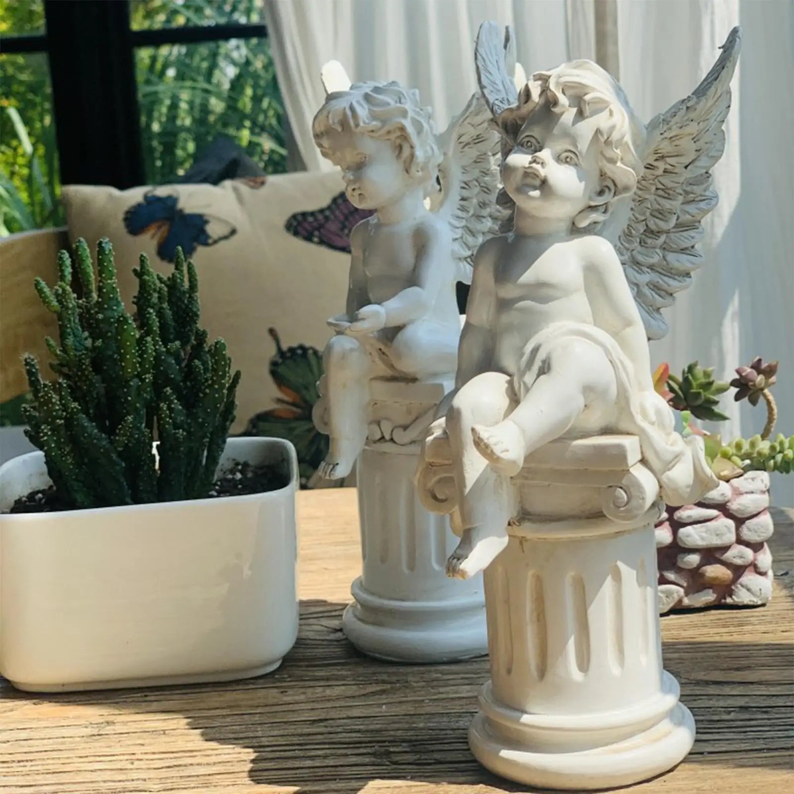 2 Cherub Statues Roman Pillar Decorative Photo Props Garden Figurines Sculptures for Outdoor Landscaping Fountain Porch Patio