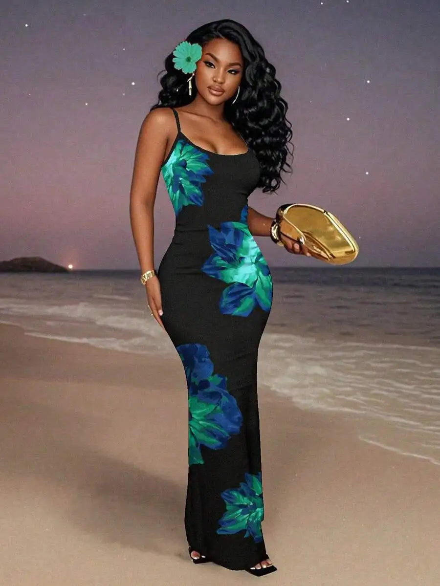 Womens Floral Print Elegant Waist Cinched Long Strap Dress For Party,Summer Dresses For Women