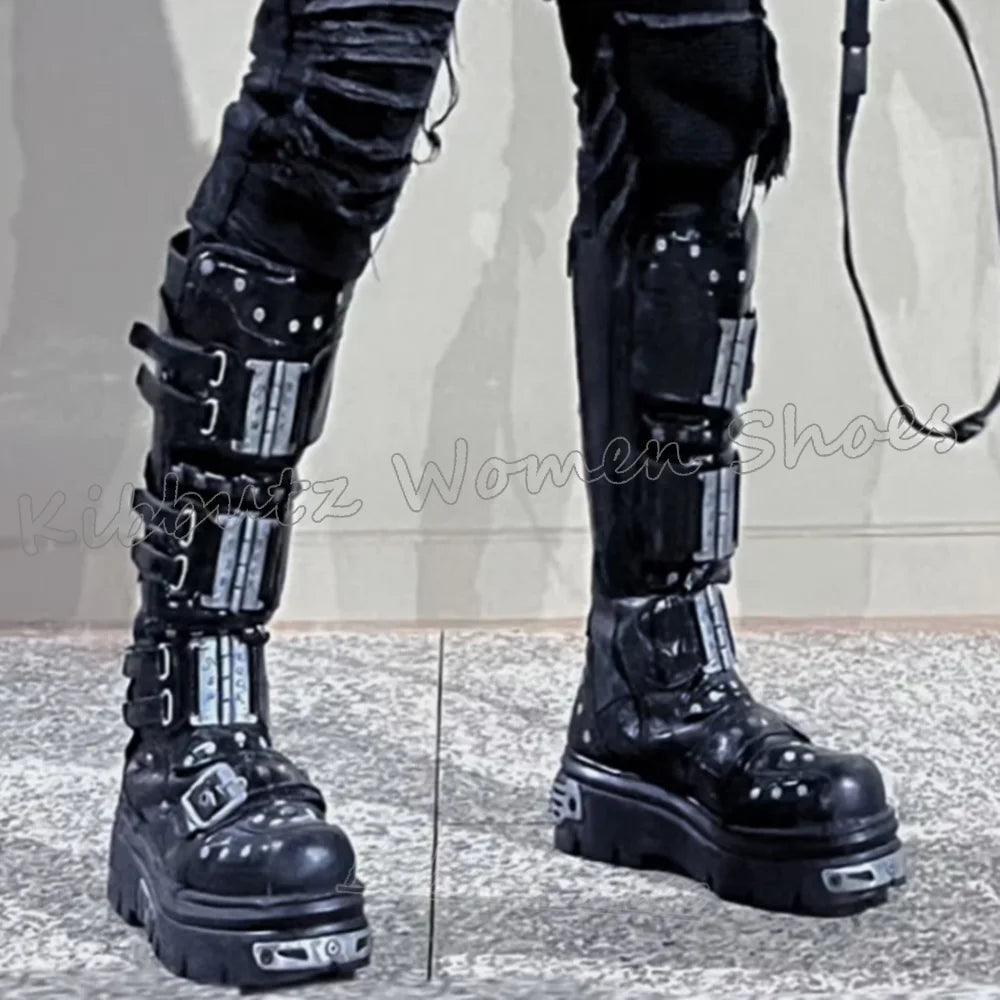 Knee High Boot Metal Decor Punk Rock Gothic Dark Style Round Toe Flat with Leather Solid Color Fashion Luxury Concise Shoes New