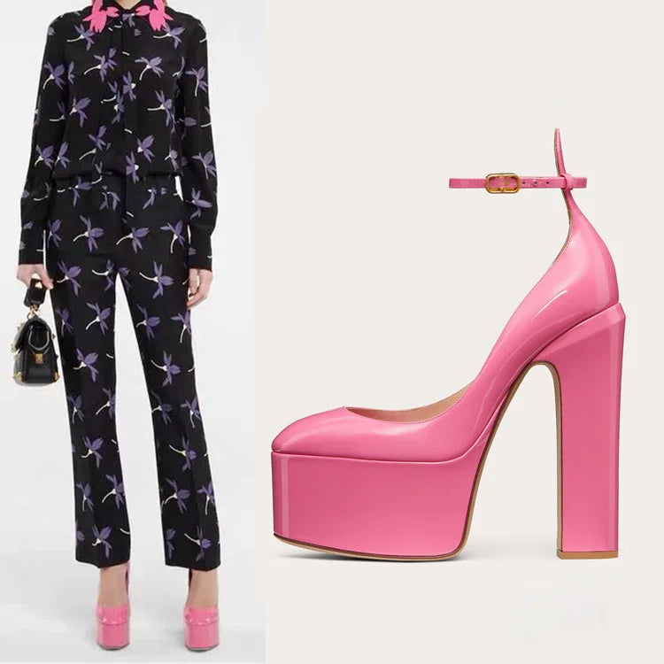 Women New European And American Style Super High Heels Patent Leather Round Toe Thick Sole Large Size Thick Heel Shoes