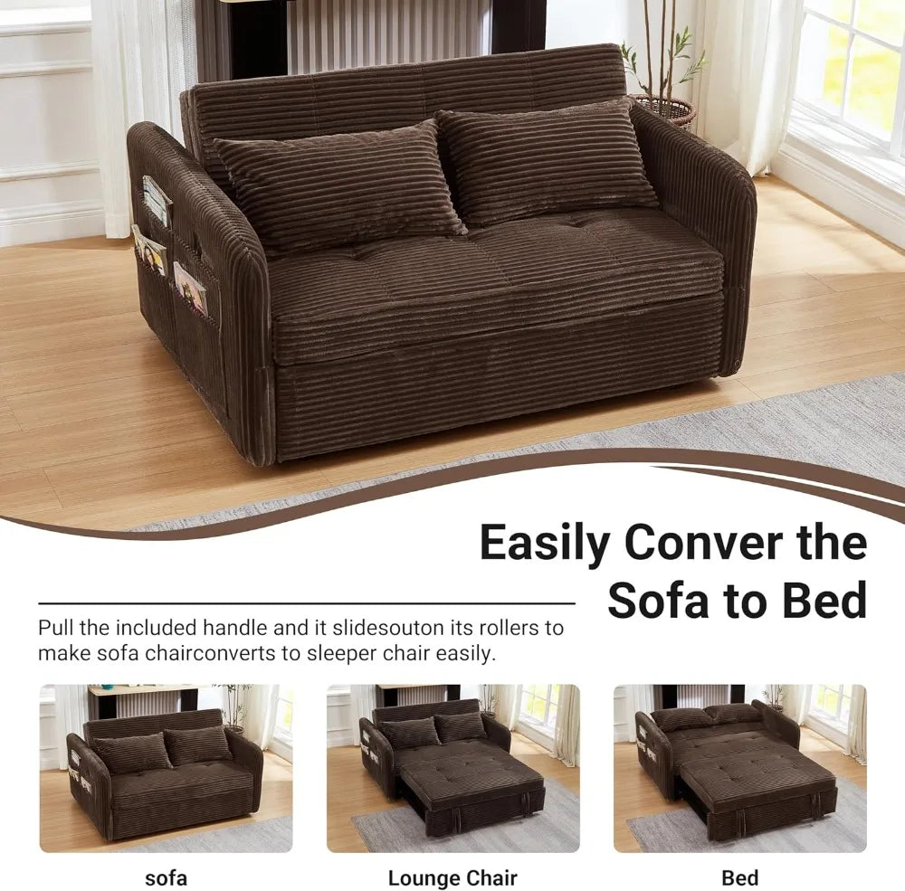 55.5" Corduroy Convertible Sofa Bed, Pull Out Sleeper with USB Ports, 3-in-1 Loveseat for Living Room, Apartment - Kimlud