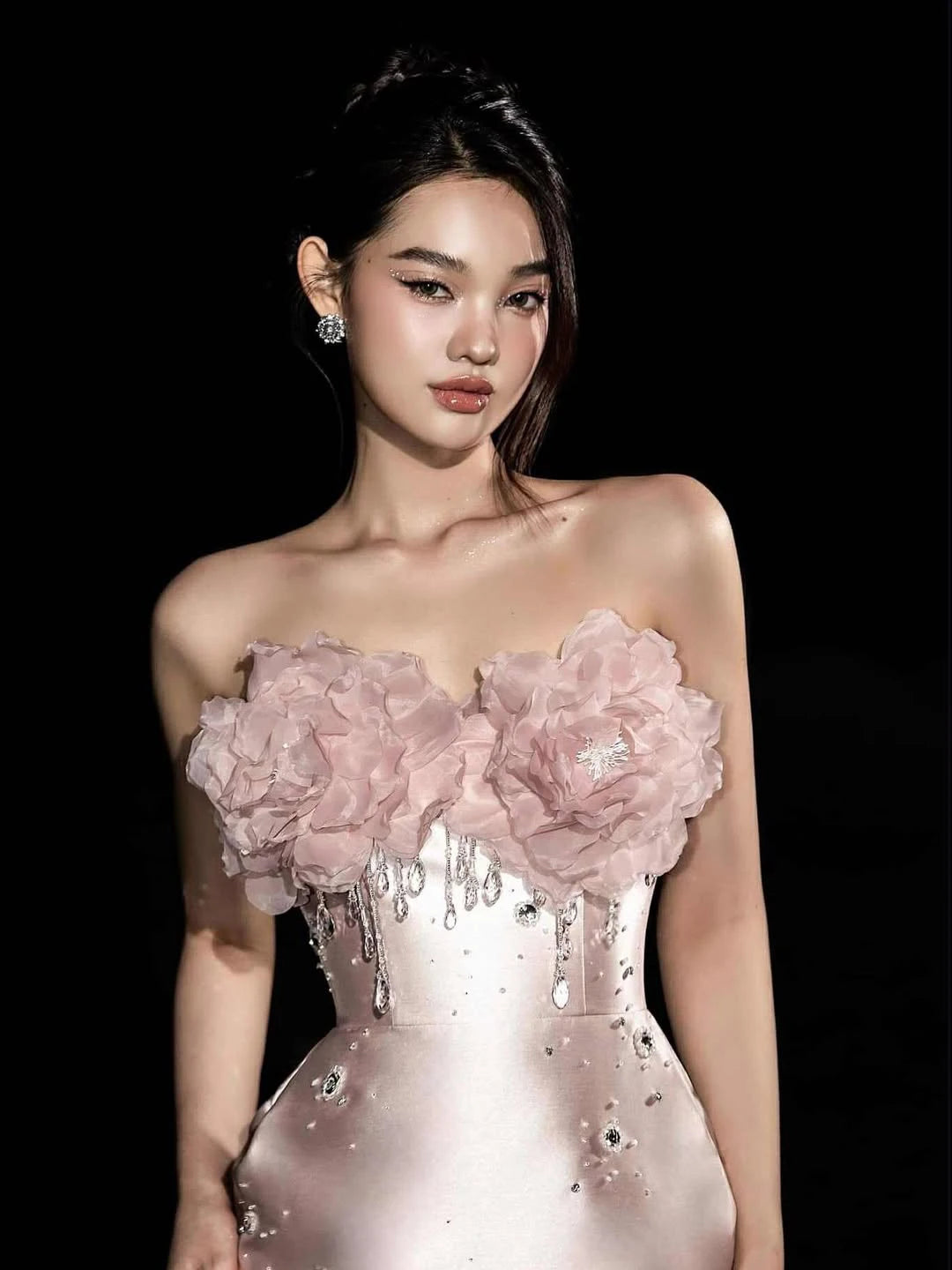 Ofherown 3D Flower Strapless Beaded Crystal Prom Gown New Blush Satin Evening Dress Elegant Formal Party Straight Maxi Dress