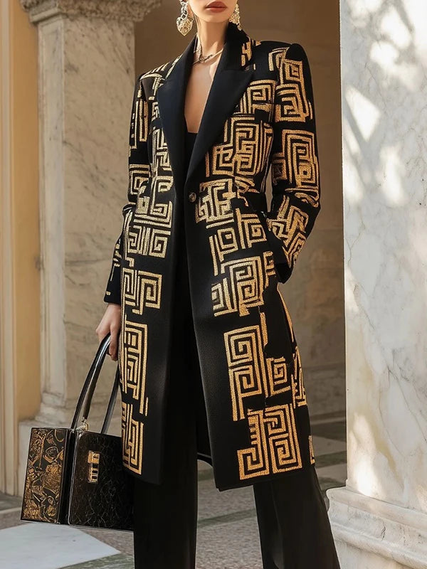 Modigirl 2026 New Spring Women's Vintage Midi Length Coat Urban Trendy Golden Meander Print Long Jackets Pockets female