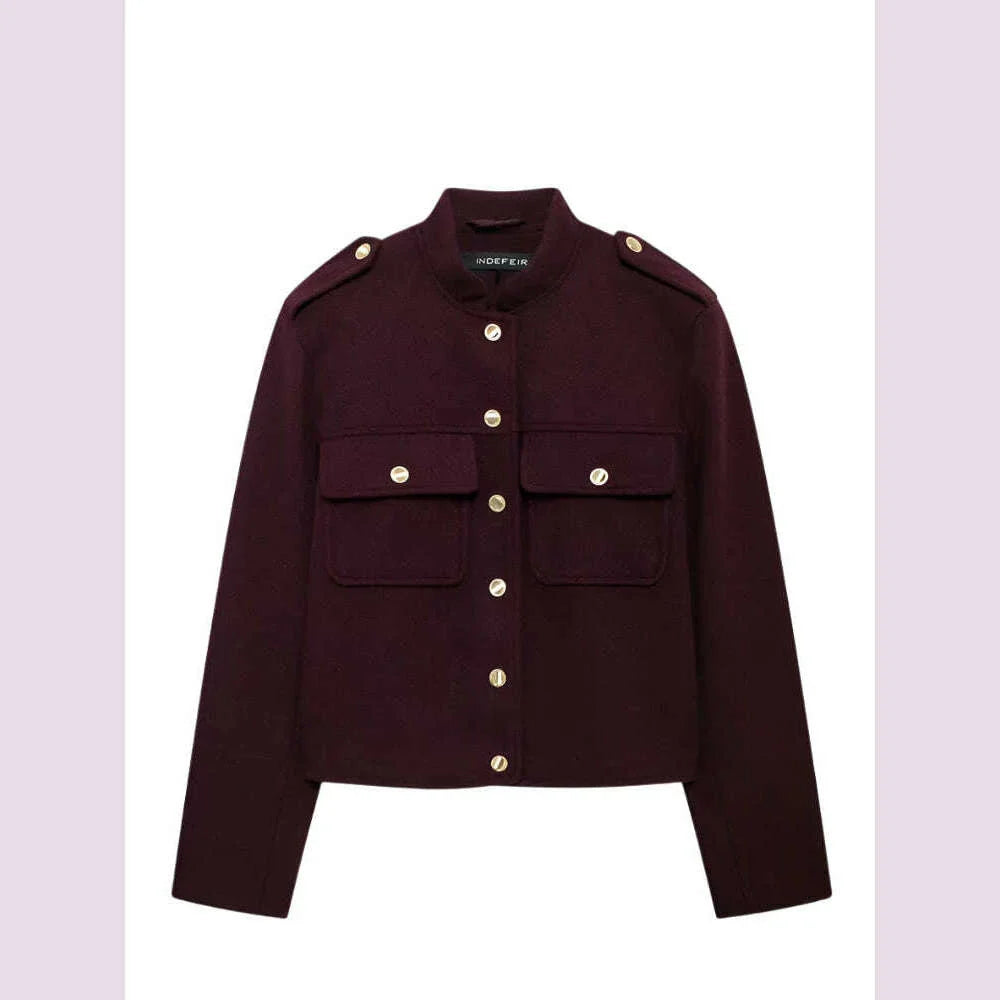 TRAFZA Women Vintage Wine Red Coat O Neck Long Sleeve Single Breasted Jacket With Pockets Autumn Casual Office Lady Outerwear