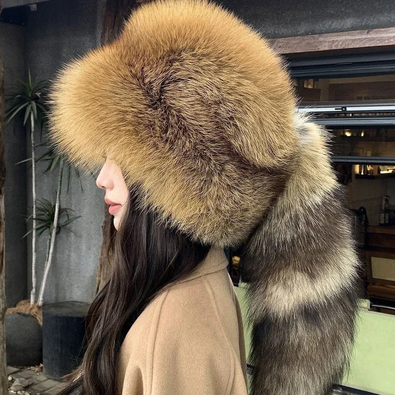 Winter Women Fashion Real Fur Hat Natural Fox Fur Hats Headgear Russian Outdoor Cap Ladies Thicken Warm Fur Caps