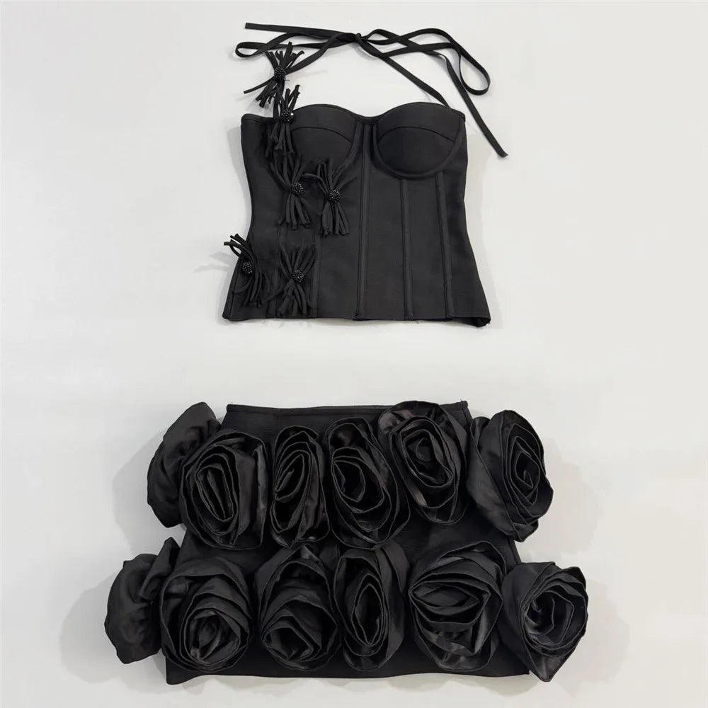 2025 New Arrival Fashion Flowers Women Sexy Halter Tops Mini Skirt Bandage Sets Bodycon Two Pieces Sets | Kimlud Premium...