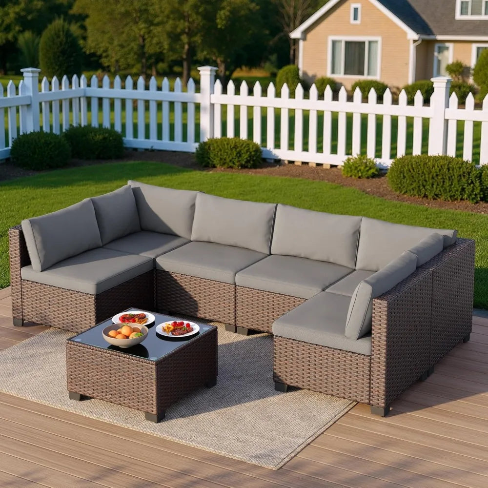 7 Pieces Outdoor Patio Furniture Set, PE Rattan Outdoor Wicker Sectional Furniture Sofa Set, with Cushions | Kimlud...